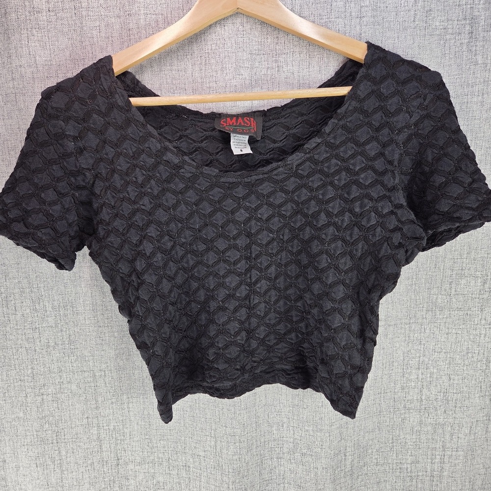 VTG Smash Bubble Women's Y2K Small Goth Black Popcorn Crop Stretchy Tee Rock